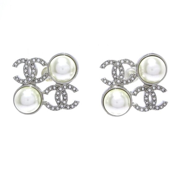 CHANEL Coco - Silver White Hardware Fake Pearl Rhinestones Earrings 864-072625 - Picture 1 of 7